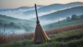 Broom Standing in Misty Field with Mountains and Spider Web photo