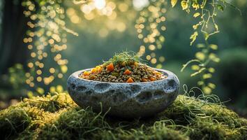 Serving of Lentil and Vegetable Dish in a Natural Outdoor Setting photo