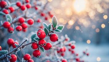 Red Berries on Branch Covered in Frost Sparkling Winter Scene photo