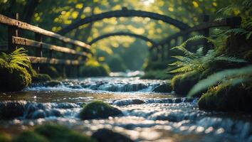 Flowing Stream and Wooden Bridge in Tranquil Forest Setting photo