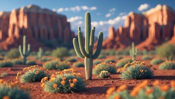 Cactus Standing in Desert Landscape with Distant Rock Formations photo