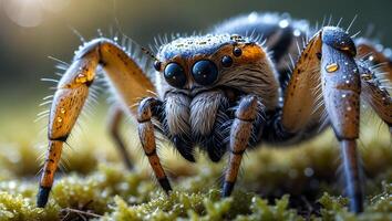 Jumping Spider Macro Closeup on Moss with Water Droplets on Body photo