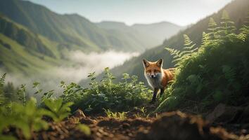 Fox in Mountain Landscape with Ferns and Mist on Sunny Day photo