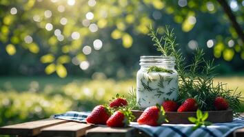 Preparing Refreshing Strawberry Yogurt Drink Outdoors on Picnic Table photo