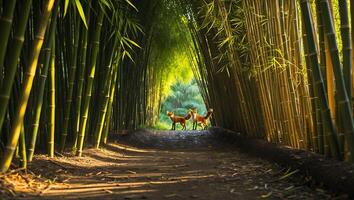Two Foxes Standing in Bamboo Forest Path Lit by Bright Sunlight photo