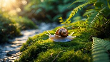 Snail Crawling on Moss in a Lush Green Forest Landscape photo