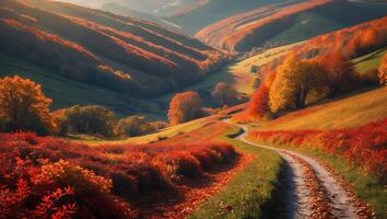 Winding Path Through Autumn Hillsides with Colorful Fall Foliage photo