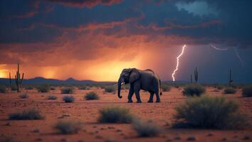 Elephant Walking Through Desert Landscape During Dramatic Thunderstorm at Sunset photo