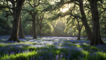 Idyllic Woodland Scene with Bluebells and Sunlight Filtering Through Trees photo