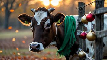 Cow with Scarf and Christmas Ornaments on Fence During Autumn photo