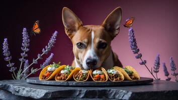 Dog Peering Over Tacos on Stone Plate with Lavender and Butterflies photo