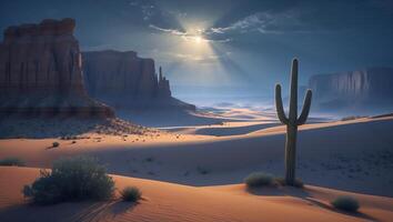 Desert Landscape with Cactus and Rock Formations Under Sunlight photo