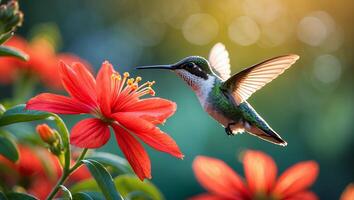 Hummingbird Feeding on Bright Red Flower with Green Foliage photo