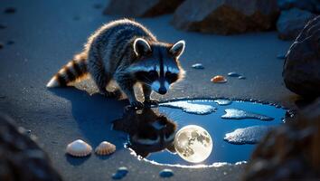 Raccoon Gazing at Moon Reflection in Puddle on Sandy Beach photo