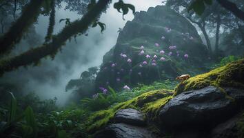 Frog Sitting on Mossy Rock in Lush Foggy Rainforest Scene photo