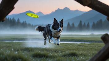 Dog Catching Flying Disc in Scenic Mountain Meadow at Dawn photo
