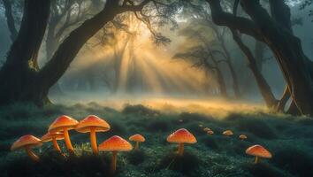 Illuminated Forest Meadow with Red Mushrooms and Misty Morning Light photo
