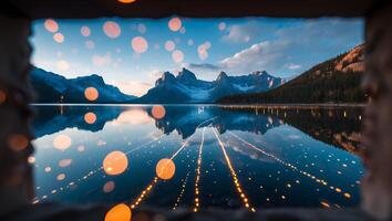 Lake Reflecting Mountains at Dusk with Bokeh Lights and Reflection photo