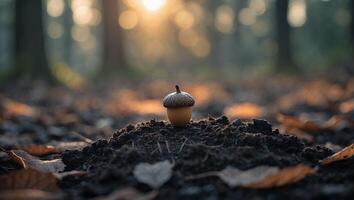 Acorn on a Mound of Soil in a Forest at Sunset photo