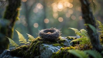 Bird Nest with Egg on Mossy Rock in Forest Setting photo