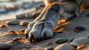 Dog Paw Resting on Sandy Beach with Crabs and Smooth Stones photo