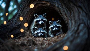 Raccoons in Tree Hollow Looking Out at Glowing Orb Lights photo