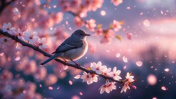 Bird Resting on Blooming Branch with Falling Petals in Springtime photo