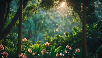 Rain Falling in Lush Green Forest with Tropical Plants and Flowers photo