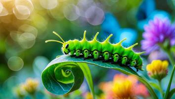 Green Caterpillar Crawling on a Curled Leaf in a Colorful Garden photo