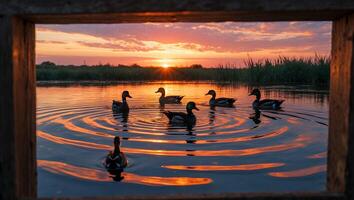 Ducks Swim in Calm Lake at Sunset Seen Through Window photo
