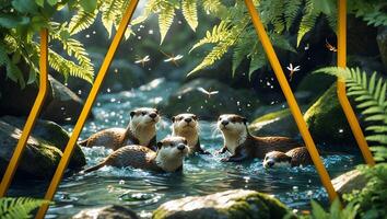 Otters Swimming in a River Surrounded by Lush Ferns and Greenery photo
