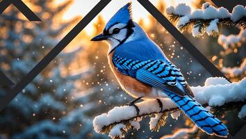 Blue Jay Resting on Snowy Branch in Winter Forest Scene photo