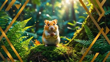 Hamster Holding Nut in Forest with Sunlight and Greenery Scene photo