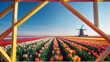 Exploring Tulip Fields with Windmill Scenery Through Geometric Yellow Frame photo