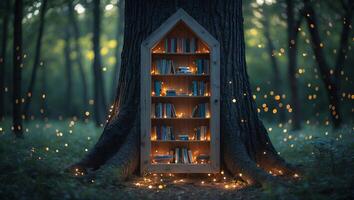 Bookshelf in Tree Trunk Lit by Fairy Lights in Forest photo
