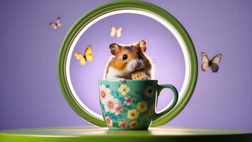 Hamster Eating Cookie Inside Floral Teacup with Butterflies and Circle photo