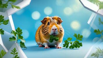 Guinea Pig Eating Parsley on Blue Background with Abstract Elements photo