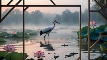 Crane Wading in Tranquil Lake Among Lotus Flowers at Misty Sunrise photo