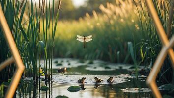 Dragonfly Flying Above Pond with Reeds and Frogs in Nature photo