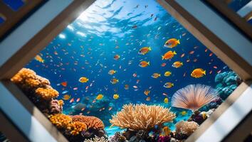 Colorful Fish Swimming in Clear Ocean Water Through Open Window View photo