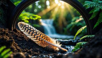 Feather Resting Near a Stream and Waterfall in a Lush Forest photo