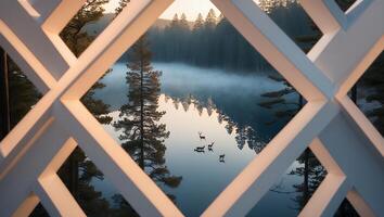 Lake View Through Geometric Structure with Deer and Fog photo