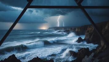Dramatic Seascape with Lightning Storm Over Cliffs and Crashing Waves photo