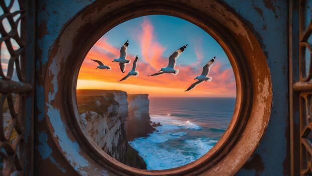 Seagulls Flying Over Ocean Cliffs at Sunset Viewed Through Frame photo