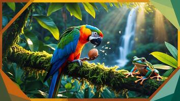 Colorful Macaw Eating Nut Near Waterfall with Tropical Frog photo