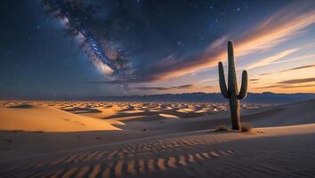 Cactus Standing in Sandy Desert Landscape Under Starry Night Sky photo