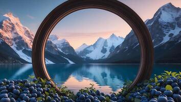 Framed Mountain Lake View at Sunset with Blueberries Foreground photo