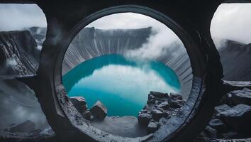 Viewing Blue Crater Lake Through Rock Archway on Overcast Day photo