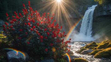 Waterfall with Red Flowering Bush and Rainbow in Sunlight photo