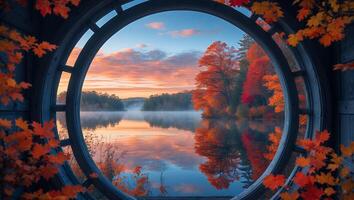 Autumn Foliage Reflecting in Lake Waters Through a Round Window photo